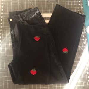 Strawberry embroidered black straight leg denim jeans